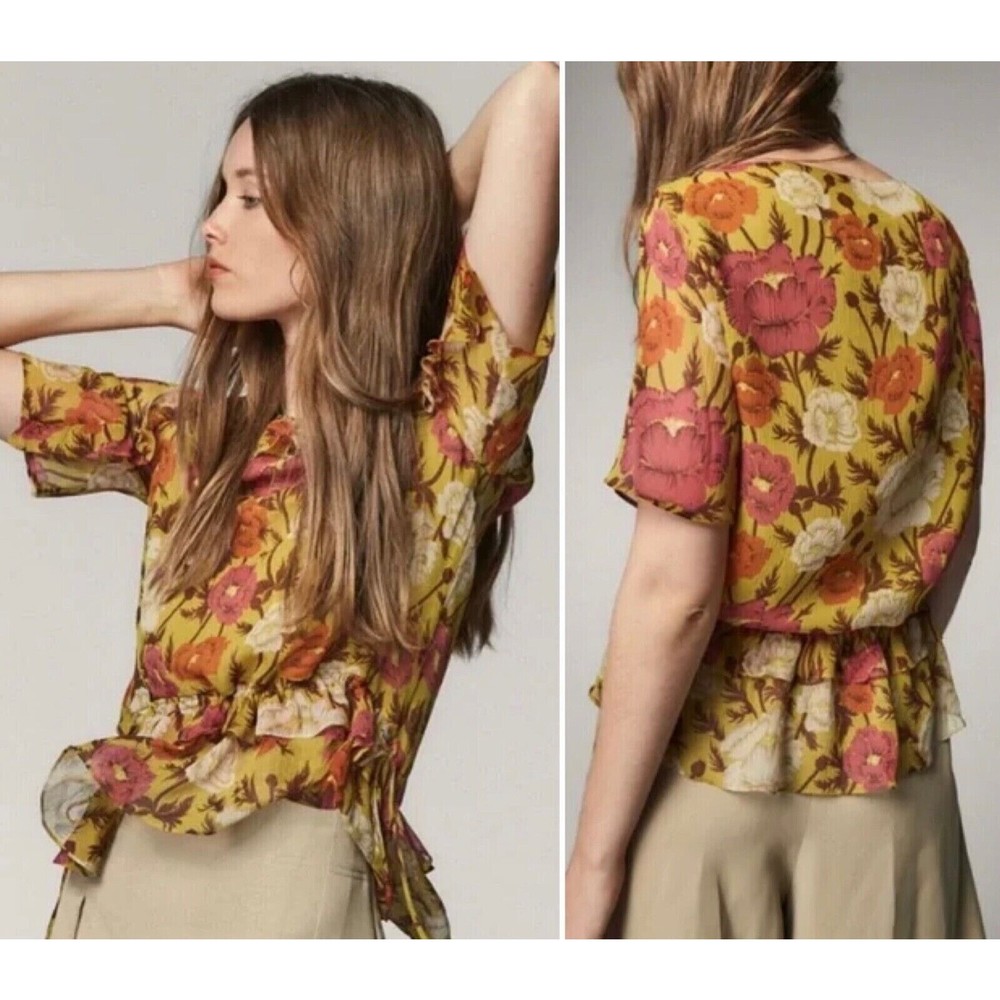 Massimo Dutti Mulberry Olive Silk Floral Blouse Ruffle Waist Ties Size 6  A3